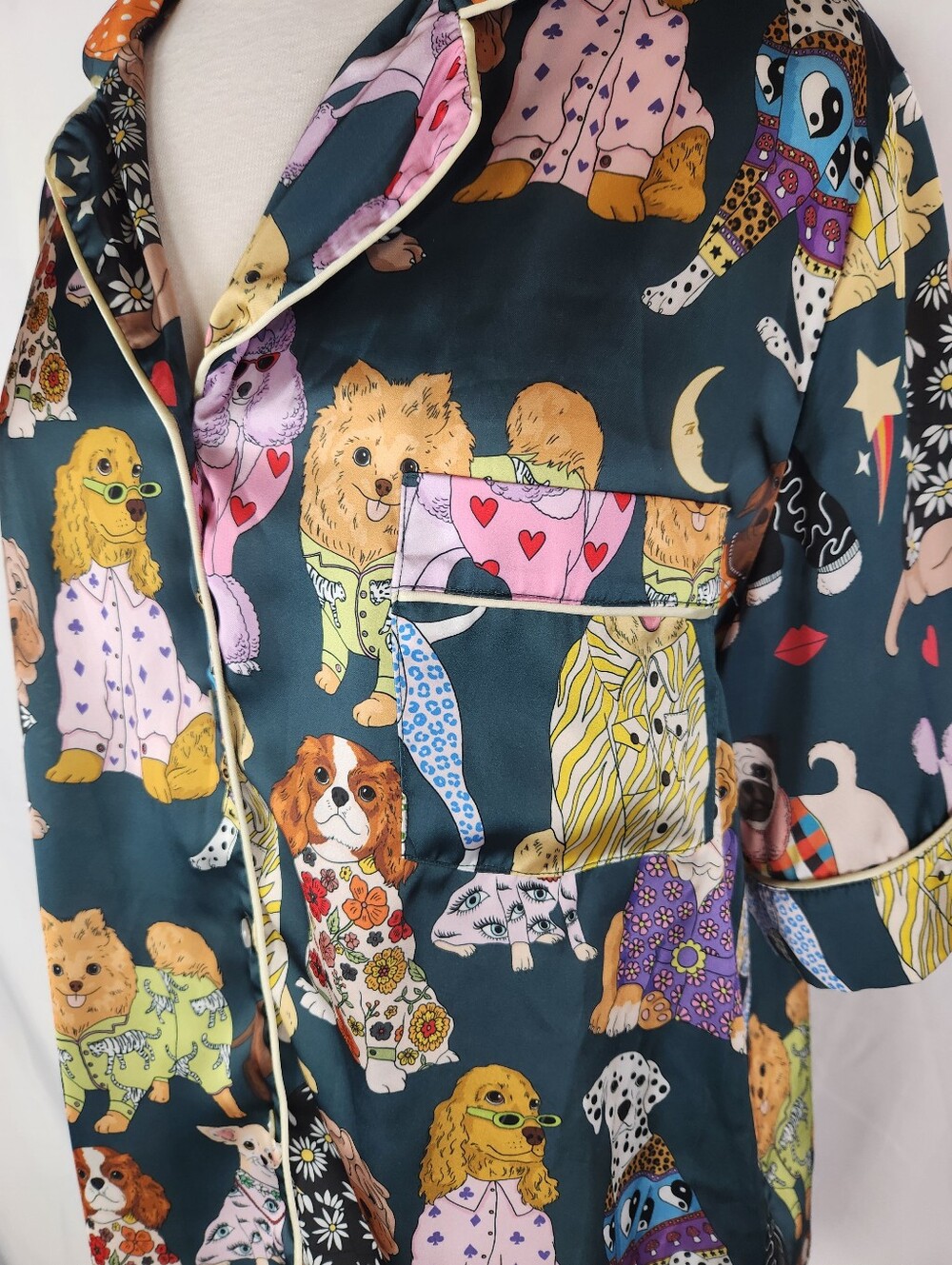 Karen Mabon Dog Print Satin Pajama Top L Novelty Luxury Sleepwear Lounge